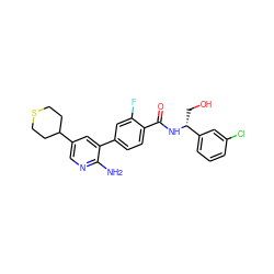 Nc1ncc(C2CCSCC2)cc1-c1ccc(C(=O)N[C@H](CO)c2cccc(Cl)c2)c(F)c1 ZINC001772575074