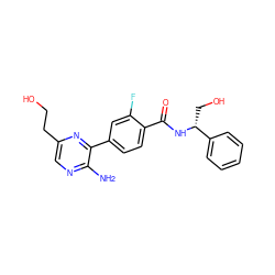 Nc1ncc(CCO)nc1-c1ccc(C(=O)N[C@H](CO)c2ccccc2)c(F)c1 ZINC001772592942