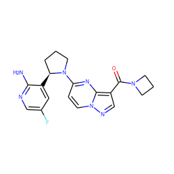 Nc1ncc(F)cc1[C@H]1CCCN1c1ccn2ncc(C(=O)N3CCC3)c2n1 ZINC000169704287