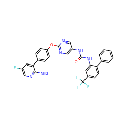 Nc1ncc(F)cc1-c1ccc(Oc2ncc(NC(=O)Nc3cc(C(F)(F)F)ccc3-c3ccccc3)cn2)cc1 ZINC000221165585