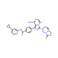 Nc1ncc(F)n2c([C@@H]3CC[C@H]4CCC(=O)N4C3)nc(-c3ccc(C(=O)Nc4cc(C5CC5)ccn4)cc3)c12 ZINC000145570540