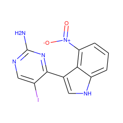 Nc1ncc(I)c(-c2c[nH]c3cccc([N+](=O)[O-])c23)n1 ZINC000072109907