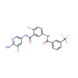 Nc1ncc(NC(=O)c2cc(NC(=O)c3cccc(C(F)(F)F)c3)ccc2Cl)cc1Cl ZINC000035952679