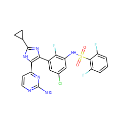 Nc1nccc(-c2[nH]c(C3CC3)nc2-c2cc(Cl)cc(NS(=O)(=O)c3c(F)cccc3F)c2F)n1 ZINC000116344415