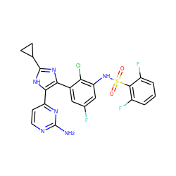 Nc1nccc(-c2[nH]c(C3CC3)nc2-c2cc(F)cc(NS(=O)(=O)c3c(F)cccc3F)c2Cl)n1 ZINC000116344683
