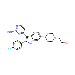 Nc1nccc(-c2c(-c3ccc(F)cc3)[nH]c3cc(C4CCN(CCO)CC4)ccc23)n1 ZINC000045496193