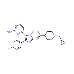 Nc1nccc(-c2c(-c3ccc(F)cc3)nc3cc(C4CCN(CC5CC5)CC4)ccn23)n1 ZINC000040428682