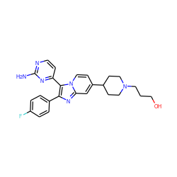 Nc1nccc(-c2c(-c3ccc(F)cc3)nc3cc(C4CCN(CCCO)CC4)ccn23)n1 ZINC000040428792