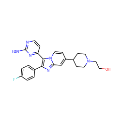 Nc1nccc(-c2c(-c3ccc(F)cc3)nc3cc(C4CCN(CCO)CC4)ccn23)n1 ZINC000040974858