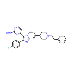 Nc1nccc(-c2c(-c3ccc(F)cc3)nc3cc(C4CCN(CCc5ccccc5)CC4)ccn23)n1 ZINC000040956279