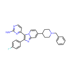 Nc1nccc(-c2c(-c3ccc(F)cc3)nc3cc(C4CCN(Cc5ccccc5)CC4)ccn23)n1 ZINC000040975036