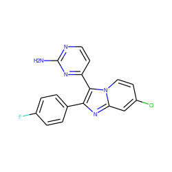 Nc1nccc(-c2c(-c3ccc(F)cc3)nc3cc(Cl)ccn23)n1 ZINC000036161067