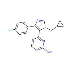 Nc1nccc(-c2c(-c3ccc(F)cc3)ncn2CC2CC2)n1 ZINC000002047865