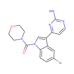 Nc1nccc(-c2cn(C(=O)N3CCOCC3)c3ccc(Br)cc23)n1 ZINC000103297204