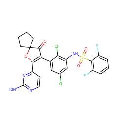 Nc1nccc(C2=C(c3cc(Cl)cc(NS(=O)(=O)c4c(F)cccc4F)c3Cl)C(=O)C3(CCCC3)O2)n1 ZINC000220279853