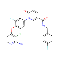 Nc1nccc(Oc2ccc(-n3cc(C(=O)NCc4ccc(F)cc4)ccc3=O)cc2F)c1Cl ZINC000205956511