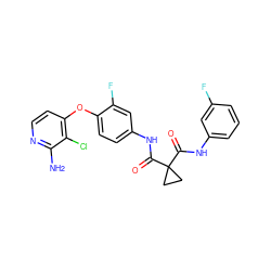 Nc1nccc(Oc2ccc(NC(=O)C3(C(=O)Nc4cccc(F)c4)CC3)cc2F)c1Cl ZINC001772577694