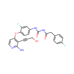 Nc1nccc(Oc2ccc(NC(=O)NC(=O)Cc3ccc(F)cc3)cc2F)c1C#CCO ZINC000040979946