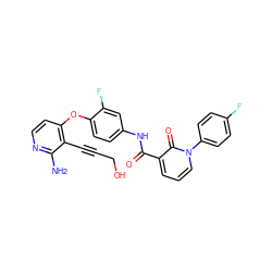 Nc1nccc(Oc2ccc(NC(=O)c3cccn(-c4ccc(F)cc4)c3=O)cc2F)c1C#CCO ZINC000040392028