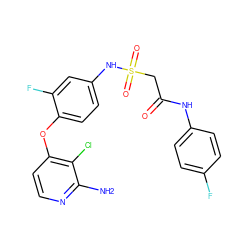 Nc1nccc(Oc2ccc(NS(=O)(=O)CC(=O)Nc3ccc(F)cc3)cc2F)c1Cl ZINC000169333329