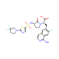 Nc1nccc2cc(C[C@H](C(=O)O)N3CC[C@H](NS(=O)(=O)c4cnc(N5CCC(F)(F)C5)s4)C3=O)c(F)cc12 ZINC000142630902