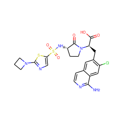 Nc1nccc2cc(C[C@H](C(=O)O)N3CC[C@H](NS(=O)(=O)c4cnc(N5CCC5)s4)C3=O)c(Cl)cc12 ZINC000142642410