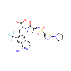 Nc1nccc2cc(C[C@H](C(=O)O)N3CC[C@H](NS(=O)(=O)c4cnc(N5CCCC5)s4)C3=O)c(C(F)(F)F)cc12 ZINC000142517213