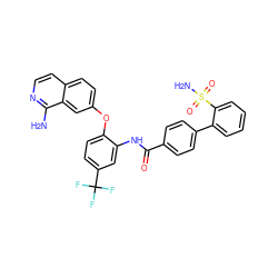 Nc1nccc2ccc(Oc3ccc(C(F)(F)F)cc3NC(=O)c3ccc(-c4ccccc4S(N)(=O)=O)cc3)cc12 ZINC000029400151