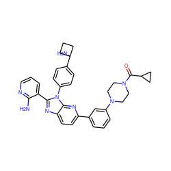 Nc1ncccc1-c1nc2ccc(-c3cccc(N4CCN(C(=O)C5CC5)CC4)c3)nc2n1-c1ccc(C2(N)CCC2)cc1 ZINC000169697644