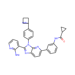 Nc1ncccc1-c1nc2ccc(-c3cccc(NC(=O)C4CC4)c3)nc2n1-c1ccc(C2(N)CCC2)cc1 ZINC000169697632