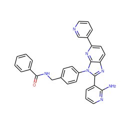 Nc1ncccc1-c1nc2ccc(-c3cccnc3)nc2n1-c1ccc(CNC(=O)c2ccccc2)cc1 ZINC000095578229