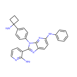 Nc1ncccc1-c1nc2ccc(Nc3ccccc3)nc2n1-c1ccc(C2(N)CCC2)cc1 ZINC000169697649