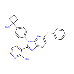 Nc1ncccc1-c1nc2ccc(Sc3ccccc3)nc2n1-c1ccc(C2(N)CCC2)cc1 ZINC000169697651