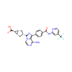 Nc1nccn2c([C@@H]3C[C@H]4[C@@H](C3)[C@@H]4C(=O)O)nc(-c3ccc(C(=O)Nc4cc(C(F)(F)F)ccn4)cc3)c12 ZINC001772644755