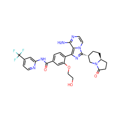 Nc1nccn2c([C@@H]3CC[C@H]4CCC(=O)N4C3)nc(-c3ccc(C(=O)Nc4cc(C(F)(F)F)ccn4)cc3OCCO)c12 ZINC000145423990