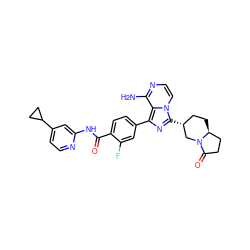 Nc1nccn2c([C@@H]3CC[C@H]4CCC(=O)N4C3)nc(-c3ccc(C(=O)Nc4cc(C5CC5)ccn4)c(F)c3)c12 ZINC000145548639