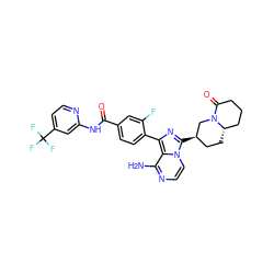 Nc1nccn2c([C@@H]3CC[C@H]4CCCC(=O)N4C3)nc(-c3ccc(C(=O)Nc4cc(C(F)(F)F)ccn4)cc3F)c12 ZINC000145585335