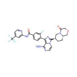 Nc1nccn2c([C@@H]3CC[C@H]4COCC(=O)N4C3)nc(-c3ccc(C(=O)Nc4cc(C(F)(F)F)ccn4)cc3F)c12 ZINC000145691946