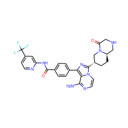 Nc1nccn2c([C@H]3CC[C@@H]4CNCC(=O)N4C3)nc(-c3ccc(C(=O)Nc4cc(C(F)(F)F)ccn4)cc3)c12 ZINC000145557122