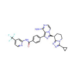 Nc1nccn2c([C@H]3CCCn4c(C5CC5)nnc43)nc(-c3ccc(C(=O)Nc4cc(C(F)(F)F)ccn4)cc3)c12 ZINC000217084134