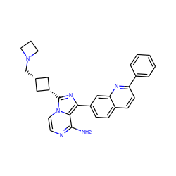 Nc1nccn2c1c(-c1ccc3ccc(-c4ccccc4)nc3c1)nc2[C@H]1C[C@@H](CN2CCC2)C1 ZINC000101395039