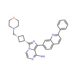 Nc1nccn2c1c(-c1ccc3ccc(-c4ccccc4)nc3c1)nc2[C@H]1C[C@@H](CN2CCOCC2)C1 ZINC000101462000