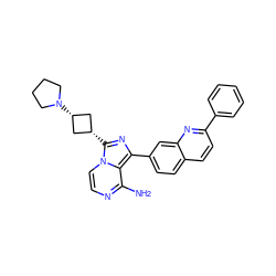 Nc1nccn2c1c(-c1ccc3ccc(-c4ccccc4)nc3c1)nc2[C@H]1C[C@@H](N2CCCC2)C1 ZINC000261095479