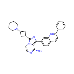 Nc1nccn2c1c(-c1ccc3ccc(-c4ccccc4)nc3c1)nc2[C@H]1C[C@@H](N2CCCCC2)C1 ZINC000253697607