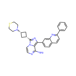 Nc1nccn2c1c(-c1ccc3ccc(-c4ccccc4)nc3c1)nc2[C@H]1C[C@@H](N2CCSCC2)C1 ZINC000261184021