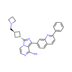 Nc1nccn2c1c(-c1ccc3ccc(-c4ccccc4)nc3c1)nc2[C@H]1C[C@H](CN2CCC2)C1 ZINC000101144636