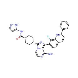 Nc1nccn2c1c(-c1ccc3ccc(-c4ccccc4)nc3c1F)nc2[C@H]1CC[C@H](C(=O)Nc2ccn[nH]2)CC1 ZINC000254014267