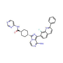 Nc1nccn2c1c(-c1ccc3ccc(-c4ccccc4)nc3c1F)nc2[C@H]1CC[C@H](C(=O)Nc2ccncn2)CC1 ZINC000261109983