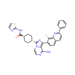 Nc1nccn2c1c(-c1ccc3ccc(-c4ccccc4)nc3c1F)nc2[C@H]1CC[C@H](C(=O)Nc2nccs2)CC1 ZINC000254013517