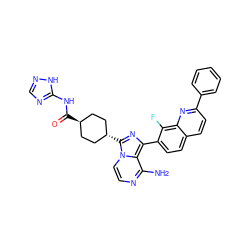 Nc1nccn2c1c(-c1ccc3ccc(-c4ccccc4)nc3c1F)nc2[C@H]1CC[C@H](C(=O)Nc2ncn[nH]2)CC1 ZINC000254011679